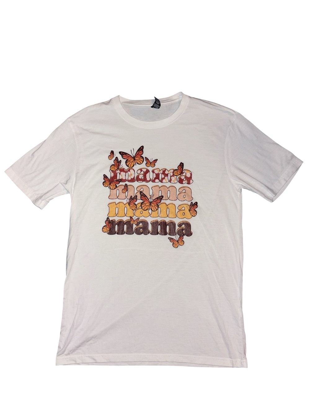 Custom Made White 'Mama' Graphic T‑Shirt with Butterfly Print